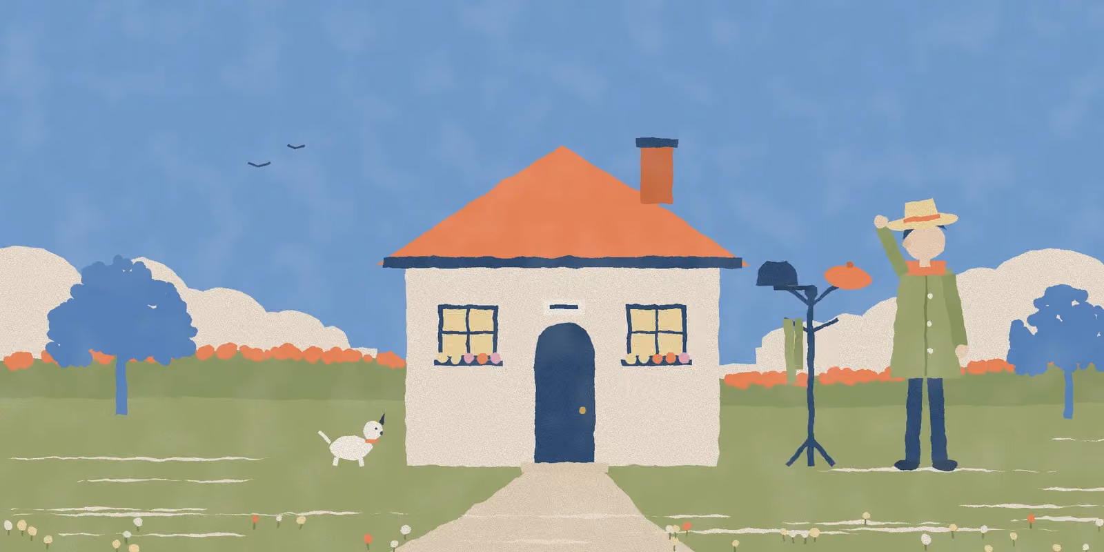 A cottage with one door and one nameplate. Beside it a coat stand holds two hats, and a person on the path tries on a third.